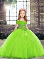 On Sale Tulle Lace Up Straps Sleeveless Girls Pageant Dresses Brush Train Beading