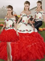 Artistic White And Red Off The Shoulder Lace Up Embroidery and Ruffles Quince Ball Gowns Sleeveless(SKU SJQDDT2140007ABIZ)