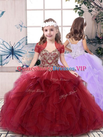 Floor Length Lace Up Little Girls Pageant Gowns Red for Party and Sweet 16 and Wedding Party with Beading - Click Image to Close