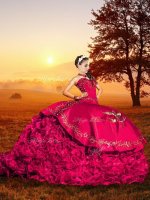 Stunning Red Ball Gowns Sweetheart Sleeveless Organza Brush Train Lace Up Embroidery and Ruffles Quinceanera Gowns