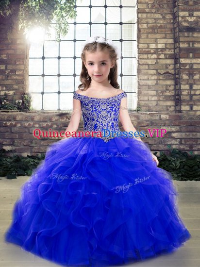 Best Floor Length Royal Blue Kids Pageant Dress Off The Shoulder Sleeveless Lace Up - Click Image to Close