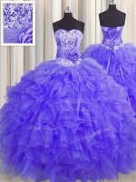 Handcrafted Flower Floor Length Ball Gowns Sleeveless Lavender Quinceanera Gowns Lace Up