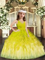 Olive Green Zipper V-neck Ruffles Kids Pageant Dress Tulle Sleeveless