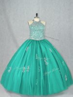 Glittering Floor Length Lace Up 15th Birthday Dress Turquoise for Sweet 16 and Quinceanera with Beading and Appliques(SKU PSSW1049-8BIZ)