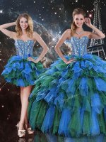 Captivating Multi-color Organza Lace Up Sweetheart Sleeveless Floor Length Vestidos de Quinceanera Beading and Ruffles and Ruffled Layers