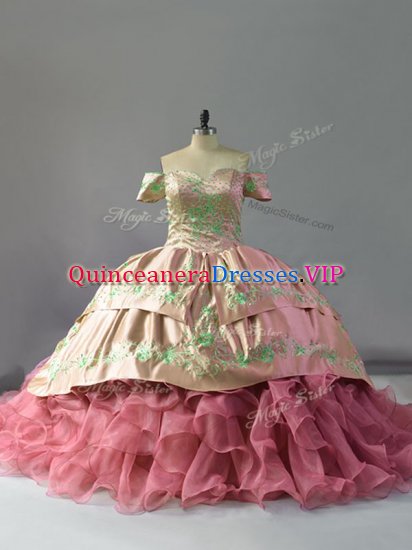 Pink Sleeveless Organza Chapel Train Lace Up Quinceanera Gown for Sweet 16 and Quinceanera - Click Image to Close