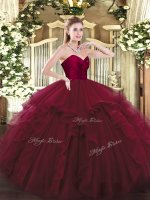 Ball Gowns Quinceanera Dama Dress Wine Red Sweetheart Tulle Sleeveless Floor Length Lace Up