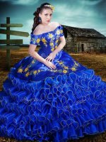Excellent Ruffled Off The Shoulder Short Sleeves Lace Up 15 Quinceanera Dress Royal Blue Organza(SKU XBQD019BIZ)