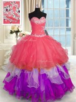 Sleeveless Organza Floor Length Lace Up 15th Birthday Dress in Multi-color with Beading and Appliques