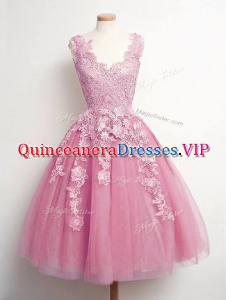 New Arrival A-line Dama Dress Pink V-neck Tulle Sleeveless Knee Length Lace Up