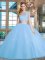 Scoop Cap Sleeves Tulle Floor Length Zipper Quinceanera Dress in Light Blue with Beading and Appliques