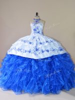 Customized Halter Top Sleeveless Court Train Lace Up Sweet 16 Quinceanera Dress Royal Blue Organza