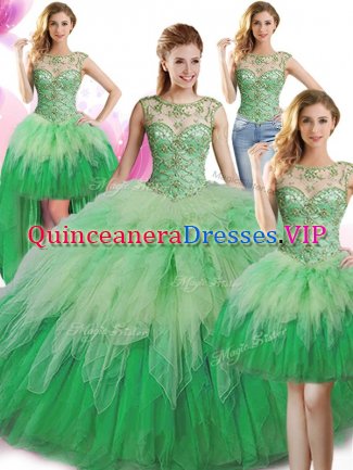 Stunning Four Piece Ball Gowns Quinceanera Dresses Green Scoop Tulle Sleeveless Floor Length Lace Up