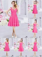 Most Popular Hot Pink A-line Lace and Ruching and Belt Quinceanera Dama Dress Zipper Chiffon Sleeveless Knee Length