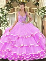 Lilac Lace Up Ball Gown Prom Dress Beading and Ruffled Layers Sleeveless Floor Length