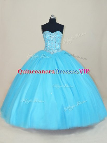 Captivating Aqua Blue Ball Gowns Tulle Sweetheart Sleeveless Beading Floor Length Lace Up Vestidos de Quinceanera - Click Image to Close