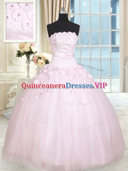 Baby Pink Sleeveless Floor Length Beading and Appliques Lace Up Quinceanera Gowns - Click Image to Close