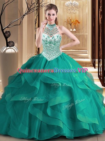 Halter Top Sleeveless With Train Beading and Ruffles Lace Up 15 Quinceanera Dress with Dark Green Brush Train - Click Image to Close