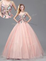 Wonderful See Through Baby Pink Straps Neckline Appliques Sweet 16 Dress Sleeveless Criss Cross