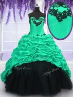 Spectacular Turquoise Quinceanera Gown Military Ball and Sweet 16 and Quinceanera with Appliques and Ruffles and Pick Ups Sweetheart Sleeveless Sweep Train Lace Up(SKU PSSW0135-5BIZ)