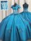 Teal Sweet 16 Dress Military Ball and Sweet 16 and Quinceanera with Beading and Appliques and Ruching Sweetheart Short Sleeves Lace Up