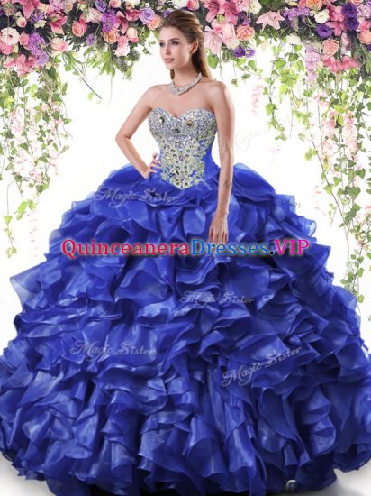 Fantastic Royal Blue Ball Gowns Sweetheart Sleeveless Organza Floor Length Lace Up Beading and Ruffles Quinceanera Dress - Click Image to Close