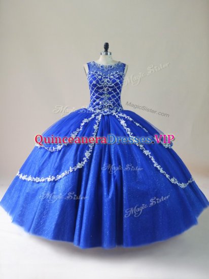 High Quality Royal Blue Zipper Quince Ball Gowns Beading Sleeveless Floor Length - Click Image to Close