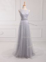 Comfortable Grey Sleeveless Tulle and Lace Brush Train Zipper Quinceanera Dama Dress for Prom and Party and Wedding Party