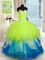 Deluxe Sleeveless Lace Up Floor Length Beading and Ruffles Quinceanera Dress