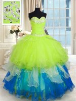 Deluxe Sleeveless Lace Up Floor Length Beading and Ruffles Quinceanera Dress