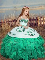 Turquoise Ball Gowns Straps Sleeveless Organza Floor Length Lace Up Embroidery and Ruffles Pageant Gowns For Girls(SKU PAG1272-5BIZ)