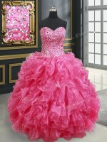 Affordable Hot Pink Ball Gowns Organza Sweetheart Sleeveless Beading and Ruffles Floor Length Lace Up Quinceanera Dresses