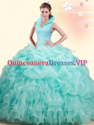 Apple Green High-neck Neckline Beading and Ruffles and Pick Ups Quince Ball Gowns Sleeveless Backless