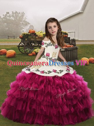Fashionable Fuchsia Ball Gowns Embroidery and Ruffled Layers Kids Pageant Dress Lace Up Organza Sleeveless Floor Length
