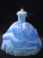 Nice Blue Sleeveless Floor Length Beading and Appliques Lace Up Quince Ball Gowns
