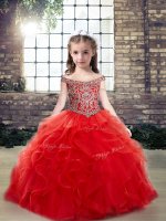 Floor Length Red Evening Gowns Tulle Sleeveless Beading and Ruffles