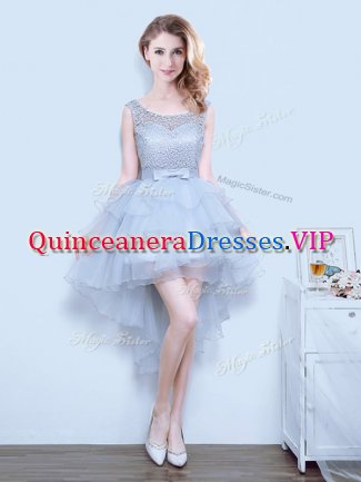 Scoop Grey Organza Lace Up Quinceanera Court Dresses Sleeveless Mini Length Lace and Ruffled Layers and Bowknot