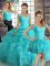 Sleeveless Organza Floor Length Lace Up 15th Birthday Dress in Aqua Blue with Beading and Ruffles and Pick Ups