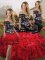 Three Pieces Quinceanera Gown Red And Black Off The Shoulder Organza Sleeveless Floor Length Lace Up