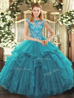 Teal Lace Up Quinceanera Gown Ruffles Cap Sleeves