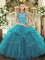 Teal Lace Up Quinceanera Gown Ruffles Cap Sleeves