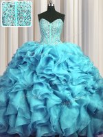 Traditional Visible Boning Bling-bling With Train Lace Up 15 Quinceanera Dress Aqua Blue for Military Ball and Sweet 16 and Quinceanera with Beading and Ruffles Brush Train(SKU PSSW0585-4BIZ)