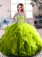 Pretty Olive Green Lace Up Scoop Beading and Ruffles Quinceanera Dress Tulle Sleeveless