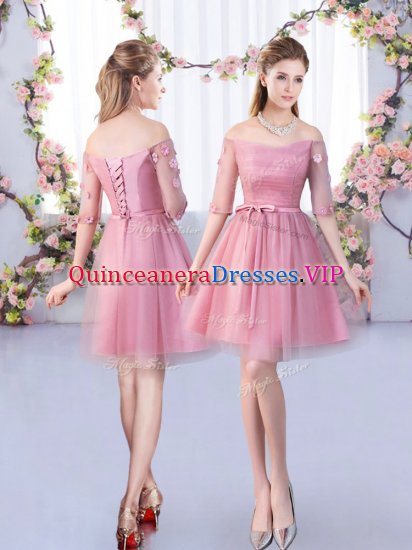 Pink Tulle Lace Up Vestidos de Damas Half Sleeves Mini Length Lace and Belt - Click Image to Close