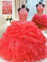 Three Piece Red Sleeveless Floor Length Beading and Pick Ups Lace Up Vestidos de Quinceanera