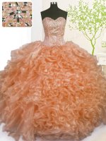Popular Sleeveless Organza Floor Length Lace Up Quinceanera Dresses in Orange with Beading and Ruffles and Pick Ups(SKU PSSW0387-2BIZ)