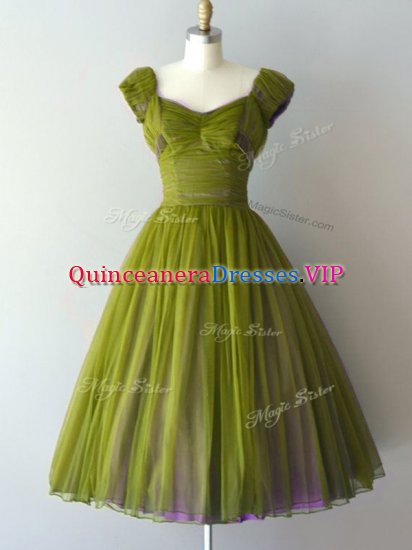 Olive Green Court Dresses for Sweet 16 Prom and Party and Military Ball and Sweet 16 with Ruching V-neck Cap Sleeves Lace Up - Click Image to Close