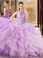 Dynamic Lilac Ball Gowns Halter Top Sleeveless Organza Brush Train Lace Up Beading and Ruffles 15th Birthday Dress