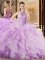 Dynamic Lilac Ball Gowns Halter Top Sleeveless Organza Brush Train Lace Up Beading and Ruffles 15th Birthday Dress