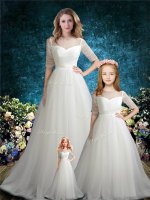 Delicate White Half Sleeves Tulle Brush Train Zipper Quinceanera Dresses for Wedding Party